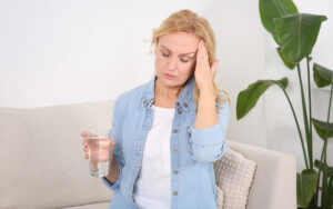 Woman with glass of water suffering from headache