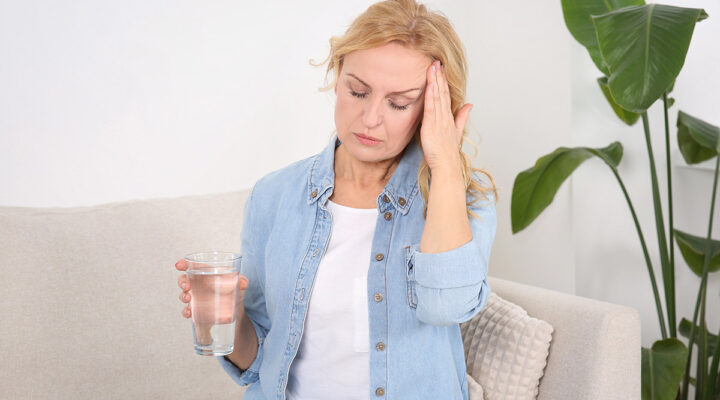 Woman with glass of water suffering from headache
