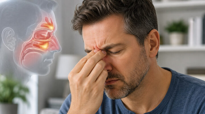man with sinus touching his nose