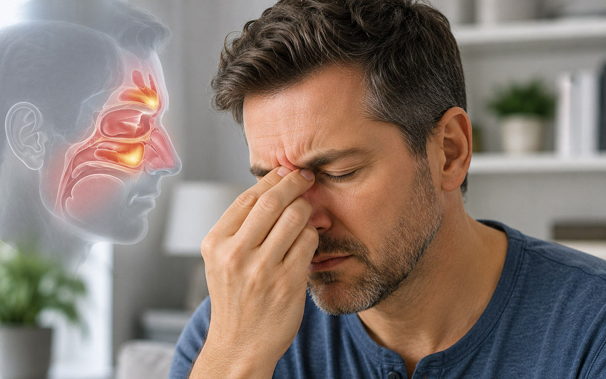 man with sinus touching his nose