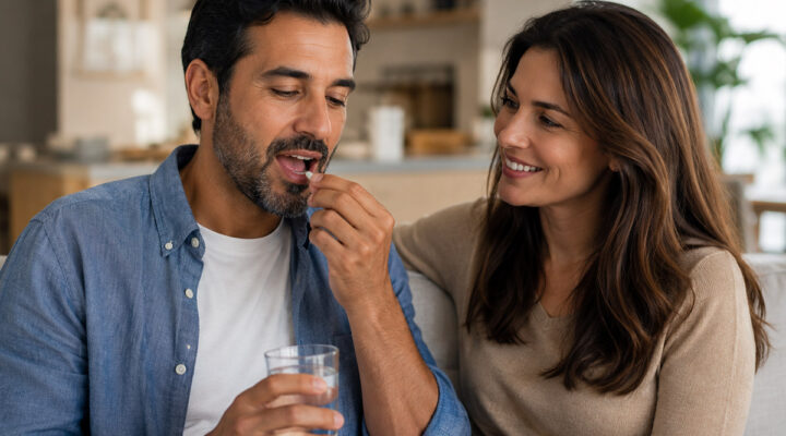 couple at home taking medicine