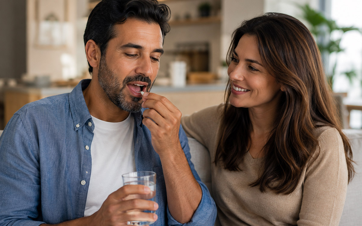 couple at home taking medicine