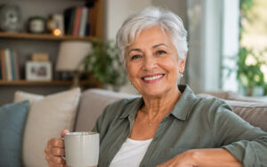 senior woman drinking coffee at home