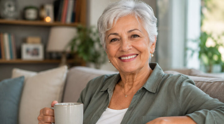 senior woman drinking coffee at home