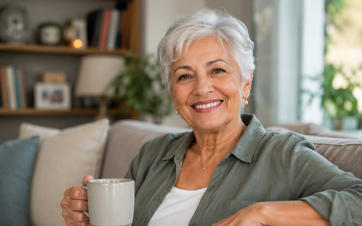 senior woman drinking coffee at home