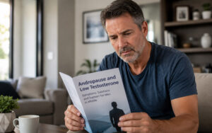 man reading about low testosterone