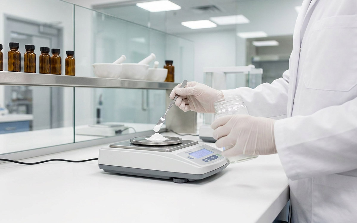 pharmacists working with compound at a lab