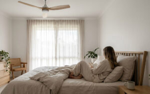 woman at home in bed menopause