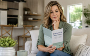 woman at home reading about biodentical hormones