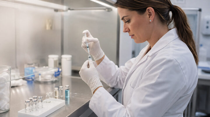 Pharmacist preparing compounded peptide therapy in a sterile laboratory.