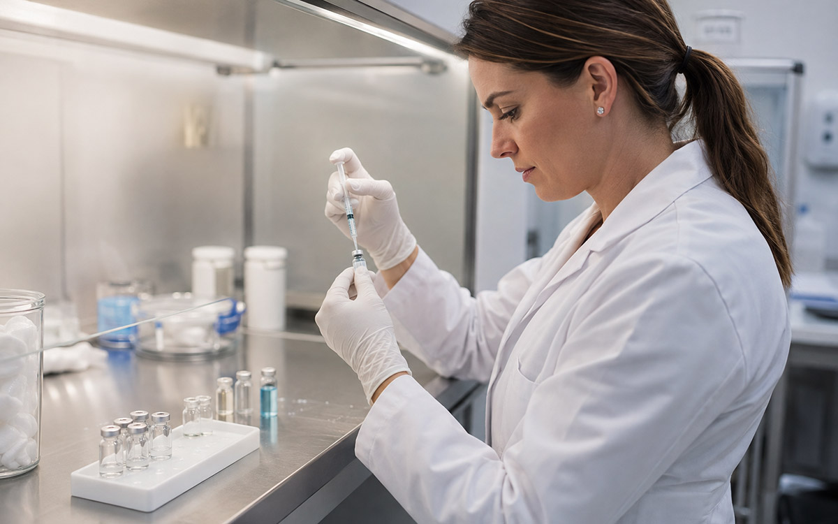 Pharmacist preparing compounded peptide therapy in a sterile laboratory.