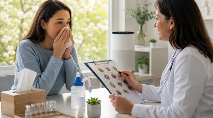 Woman discussing allergy relief and treatment options with a doctor.