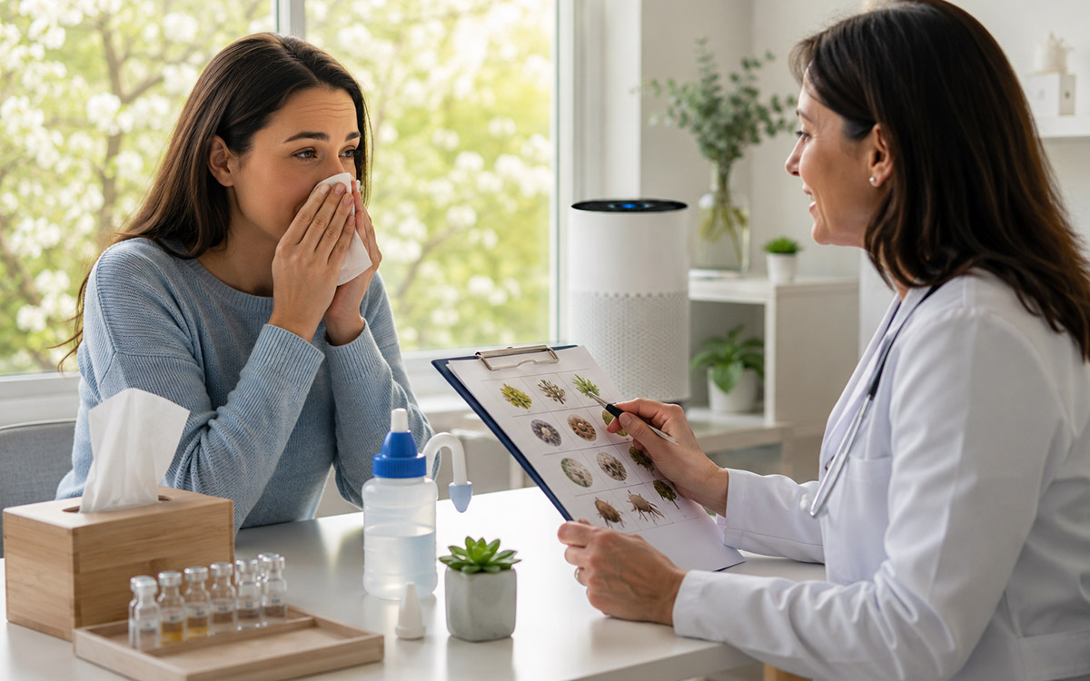 Woman discussing allergy relief and treatment options with a doctor.