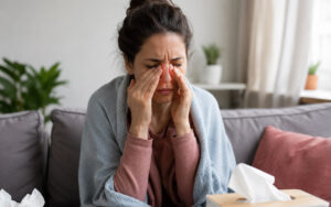 Woman experiencing facial pressure and sinus pain from chronic sinusitis