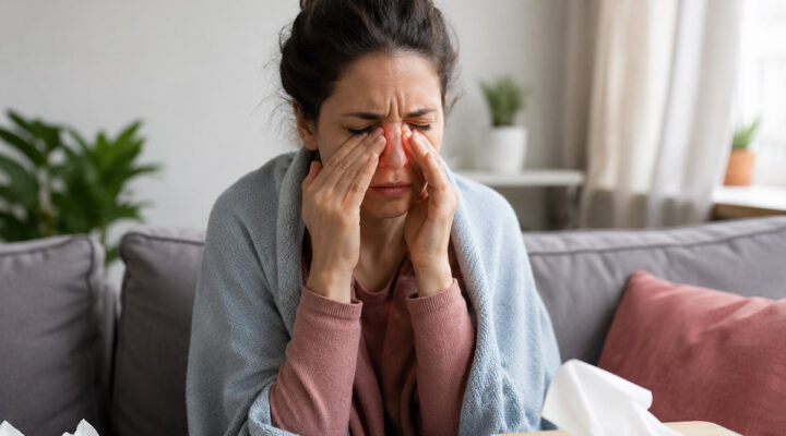 Woman experiencing facial pressure and sinus pain from chronic sinusitis