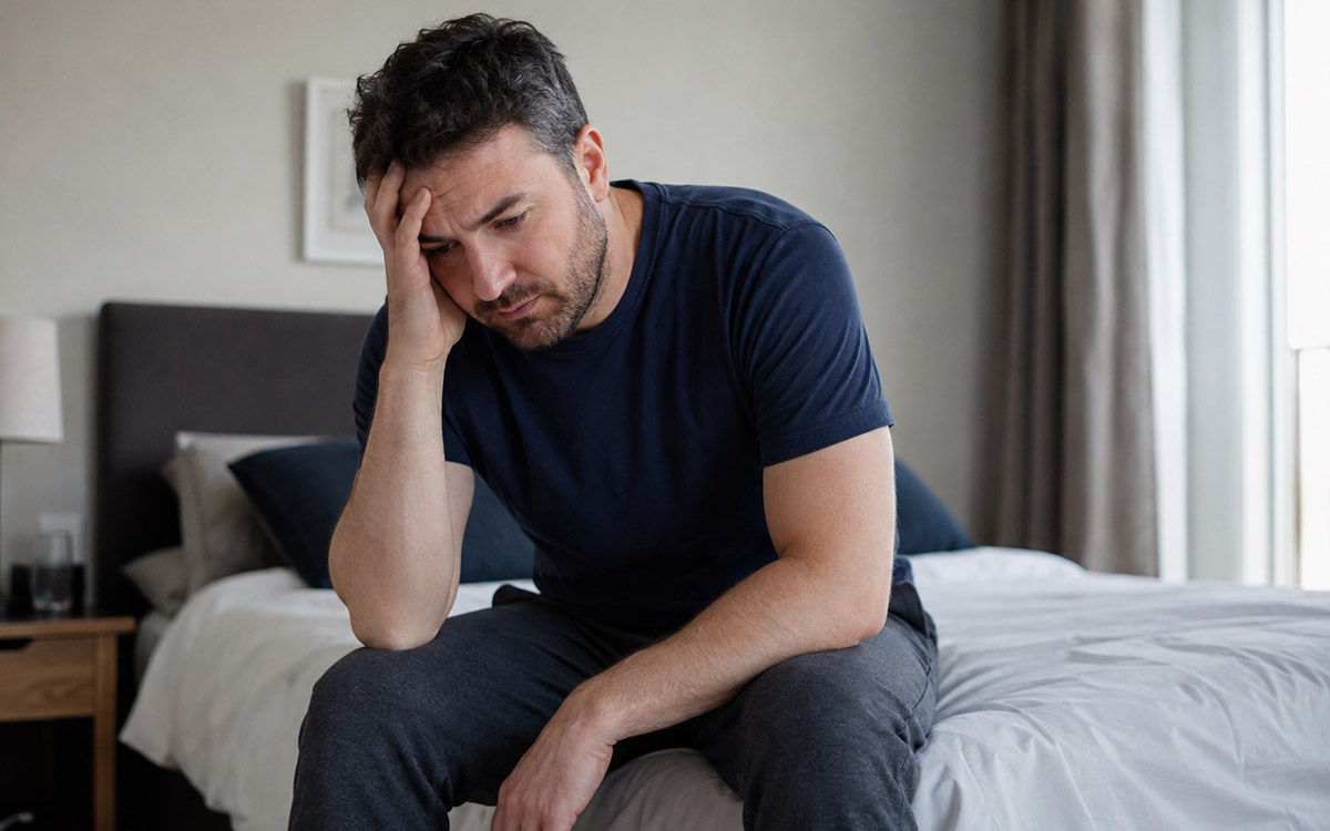 man at home with low testosterone symptoms
