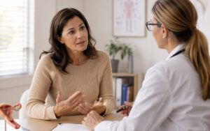 woman talking to her doctor about hormone inbalance