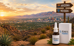 Compounded medication from King’s Pharmacy displayed against an Arizona and Nevada desert landscape
