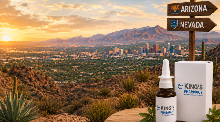 Compounded medication from King’s Pharmacy displayed against an Arizona and Nevada desert landscape