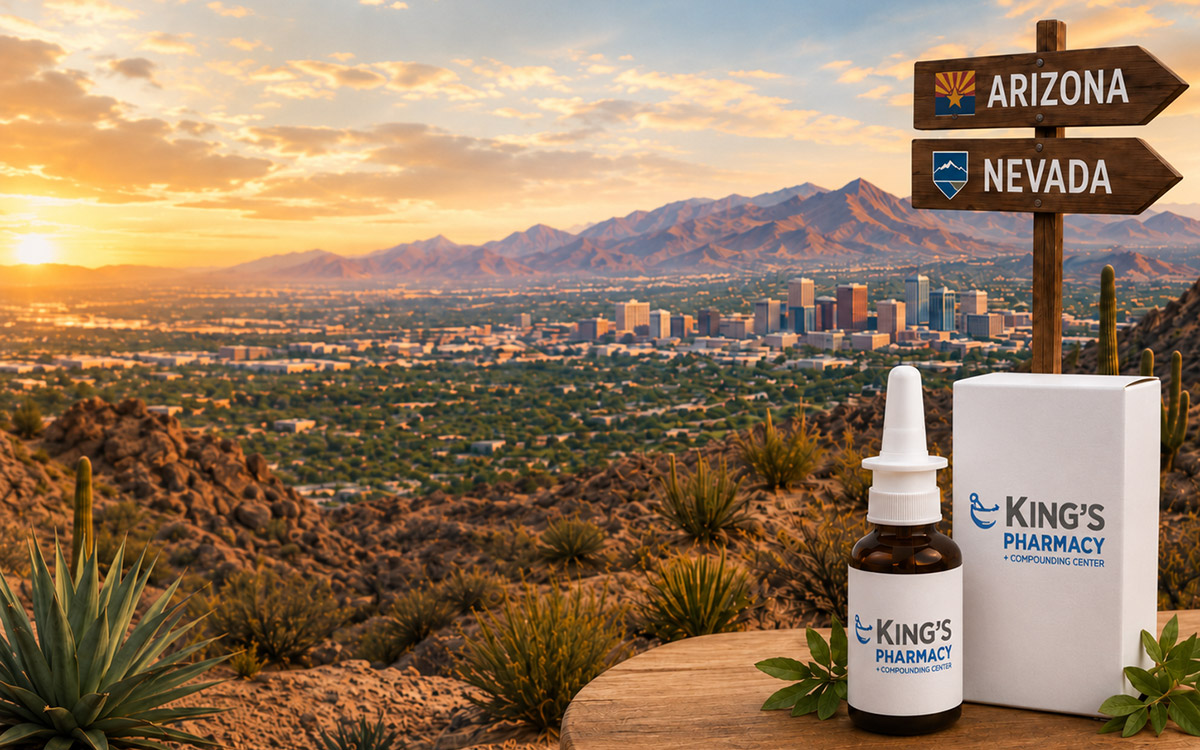 Compounded medication from King’s Pharmacy displayed against an Arizona and Nevada desert landscape