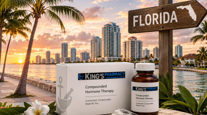 King’s Pharmacy compounded hormone therapy package and bottle displayed against a Florida waterfront with palm trees, skyline, and Florida sign