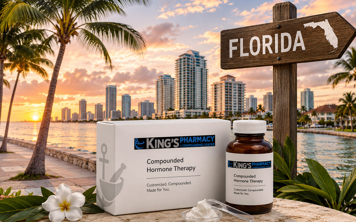 King’s Pharmacy compounded hormone therapy package and bottle displayed against a Florida waterfront with palm trees, skyline, and Florida sign