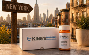 King’s Pharmacy compounded prescription bottle and package displayed with a New York City skyline and New York directional sign in the background
