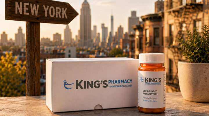 King’s Pharmacy compounded prescription bottle and package displayed with a New York City skyline and New York directional sign in the background