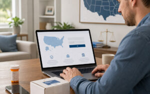 Man using a laptop to verify pharmacy licensing information through a state pharmacy board website, with prescription medication nearby.