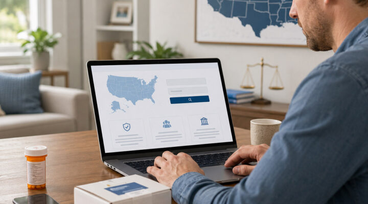 Man using a laptop to verify pharmacy licensing information through a state pharmacy board website, with prescription medication nearby.
