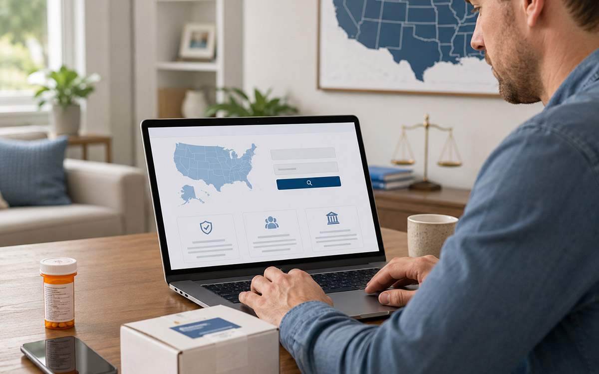 Man using a laptop to verify pharmacy licensing information through a state pharmacy board website, with prescription medication nearby.