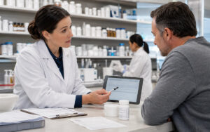 Pharmacist explaining insurance coverage for compounded medications to a patient while reviewing prescription and billing information.