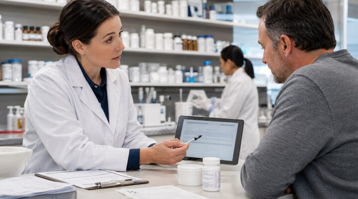 Pharmacist explaining insurance coverage for compounded medications to a patient while reviewing prescription and billing information.