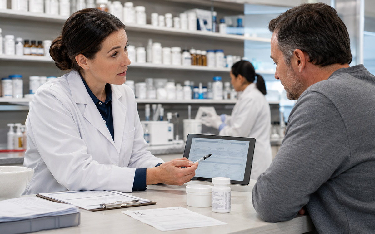 Pharmacist explaining insurance coverage for compounded medications to a patient while reviewing prescription and billing information.