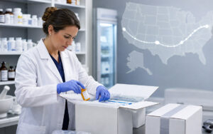 Pharmacist packing a compounded prescription in insulated cold-chain packaging for interstate medication shipping.