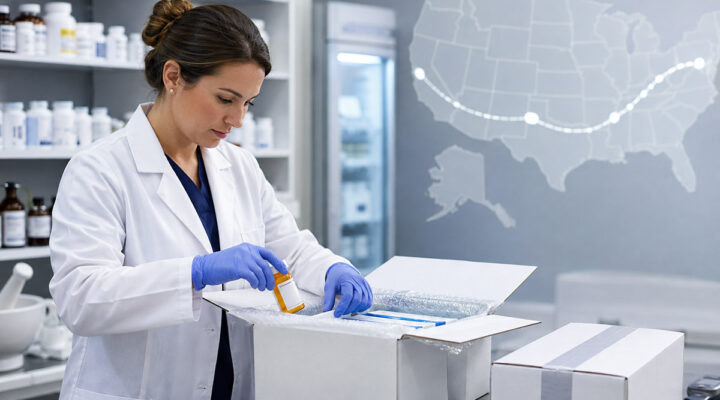 Pharmacist packing a compounded prescription in insulated cold-chain packaging for interstate medication shipping.