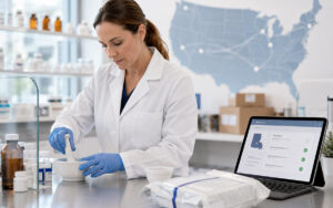 Pharmacist preparing a compounded medication for licensed out-of-state shipping