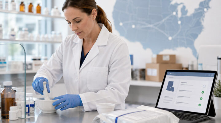 Pharmacist preparing a compounded medication for licensed out-of-state shipping