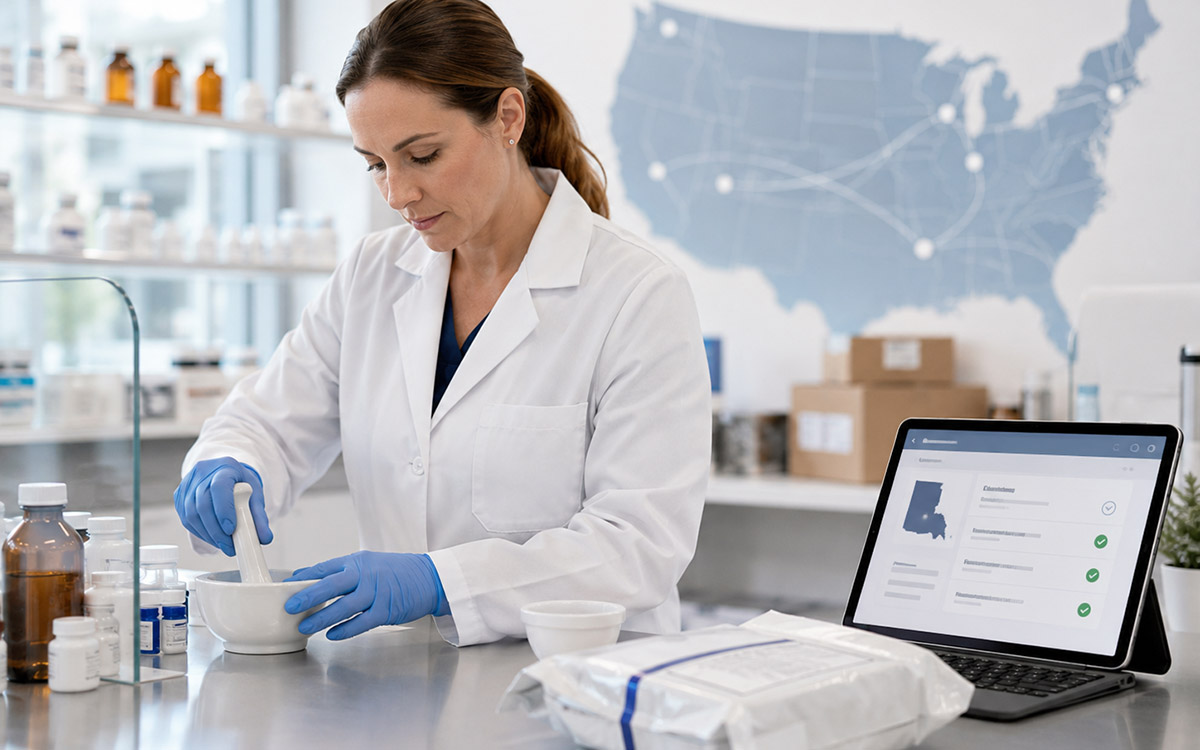 Pharmacist preparing a compounded medication for licensed out-of-state shipping