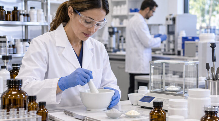Pharmacist preparing a customized medication in a modern compounding lab using professional equipment