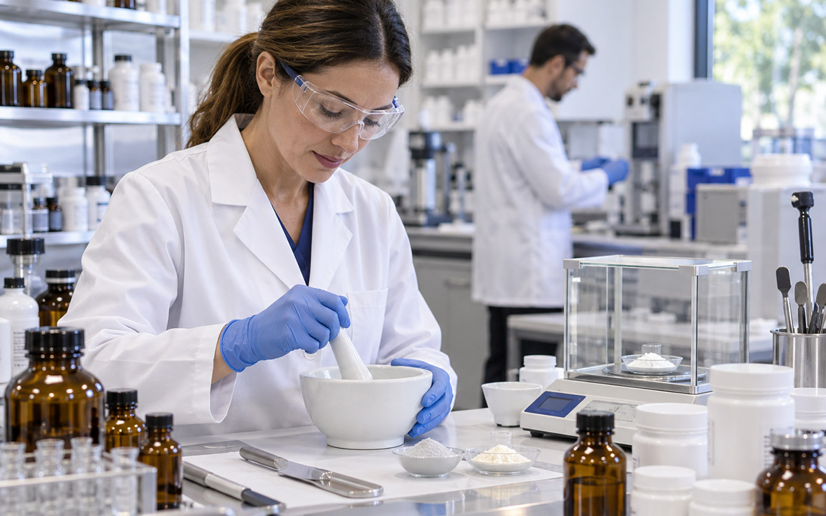 Pharmacist preparing a customized medication in a modern compounding lab using professional equipment