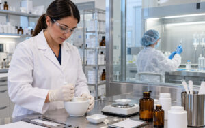 Pharmacists preparing nonsterile and sterile compounded medications in a modern laboratory following strict safety and quality standards