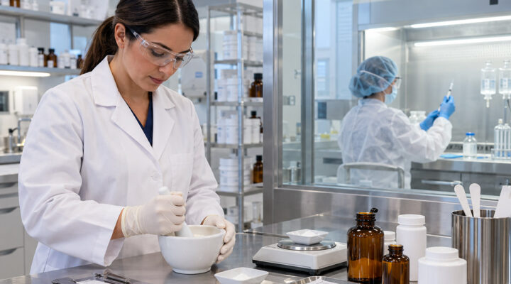 Pharmacists preparing nonsterile and sterile compounded medications in a modern laboratory following strict safety and quality standards