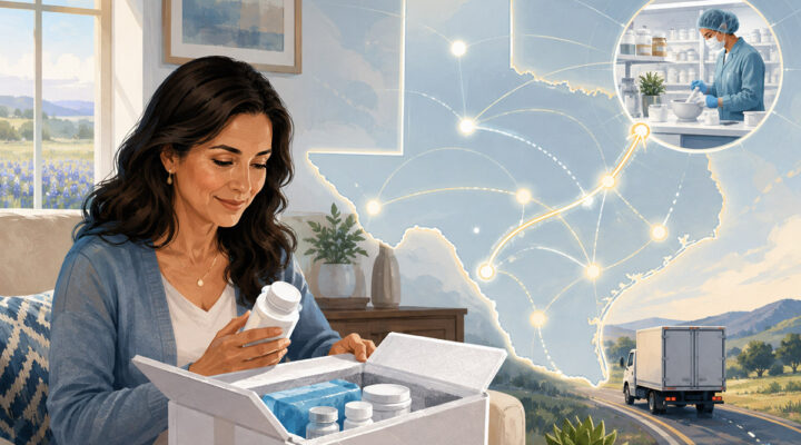 Texas patient opening a delivered compounded prescription package with a statewide pharmacy shipping network