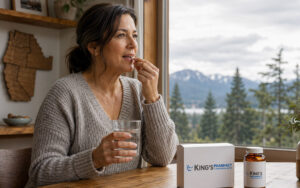 Woman taking compounded medication at home with a glass of water and King’s Pharmacy packaging beside her in a Pacific Northwest setting.