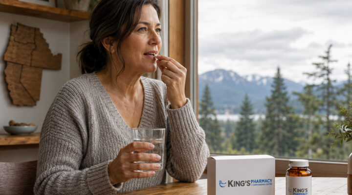 Woman taking compounded medication at home with a glass of water and King’s Pharmacy packaging beside her in a Pacific Northwest setting.