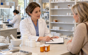 Compounding pharmacist discussing prescription alternatives with a patient during a medication shortage
