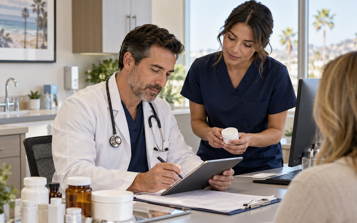 Doctor and medical assistant reviewing a compounded prescription in a modern clinic