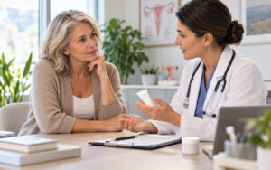 Female doctor discussing compounded estriol treatment options with a postmenopausal patient during consultation