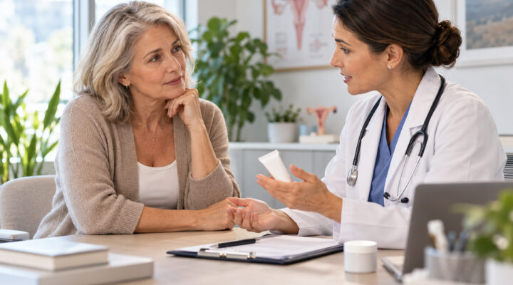Female doctor discussing compounded estriol treatment options with a postmenopausal patient during consultation